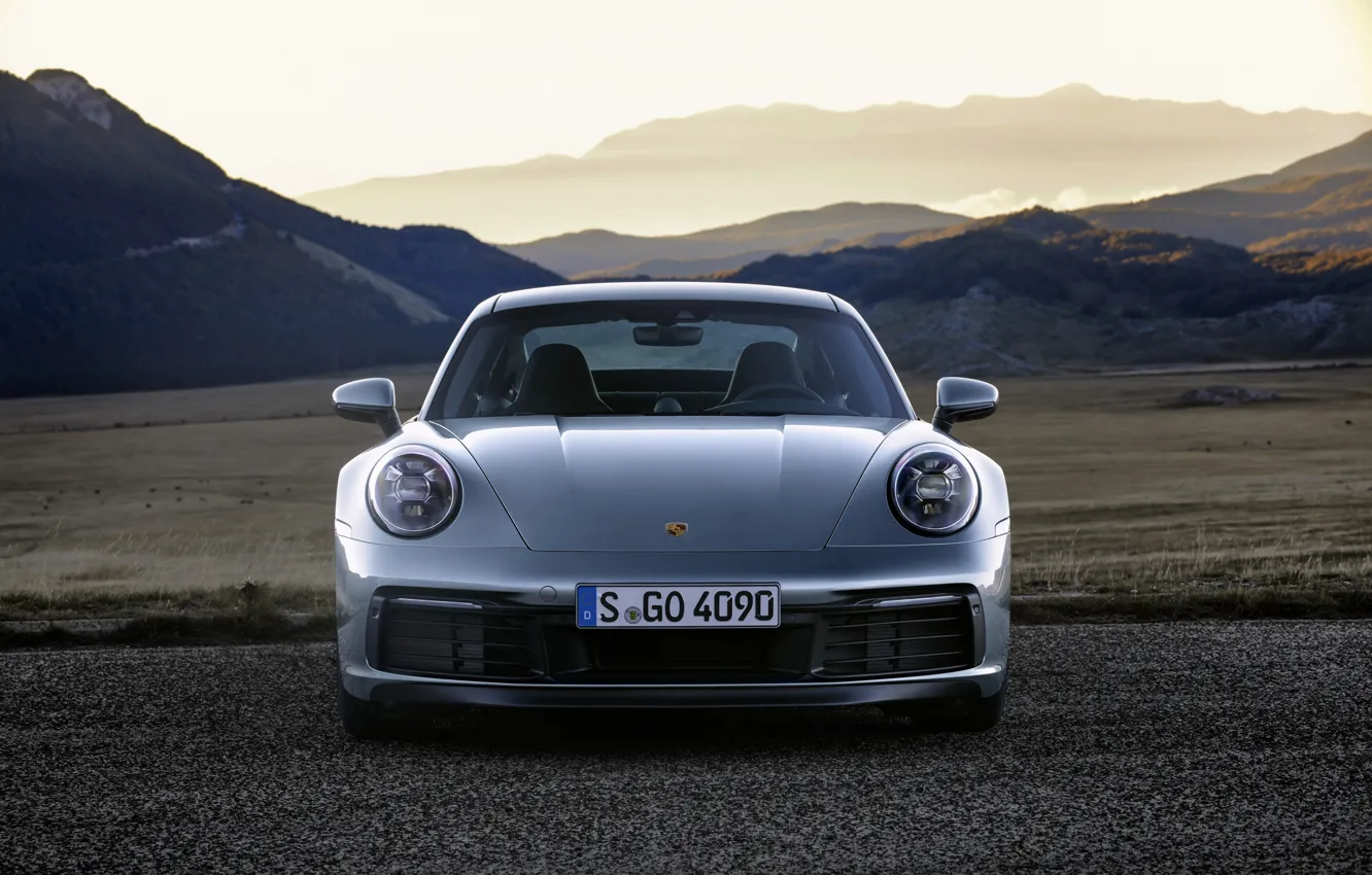 Photo wallpaper mountains, coupe, plain, 911, Porsche, Parking, front view, Carrera 4S