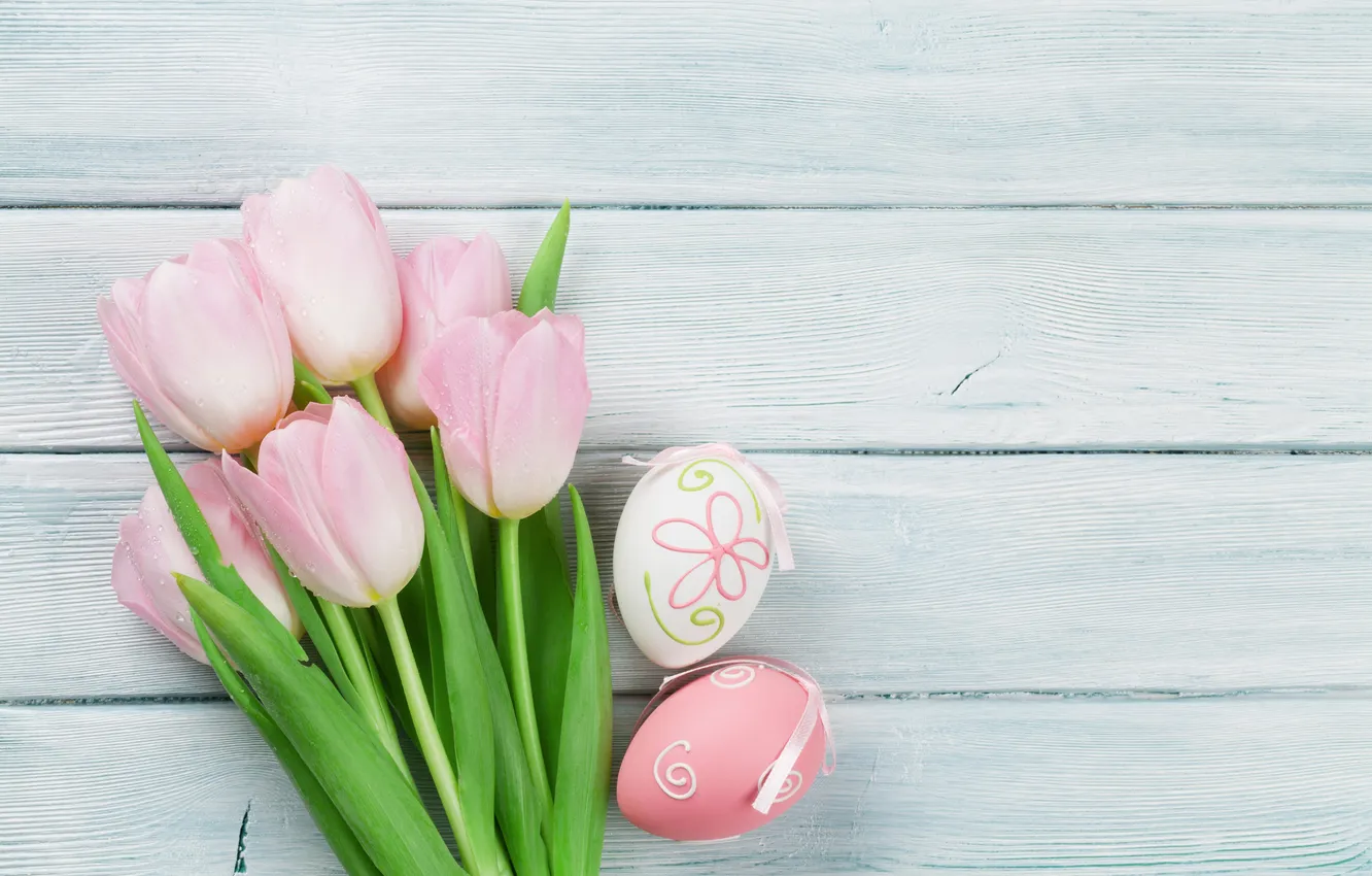 Photo wallpaper flowers, eggs, spring, colorful, Easter, happy, wood, pink