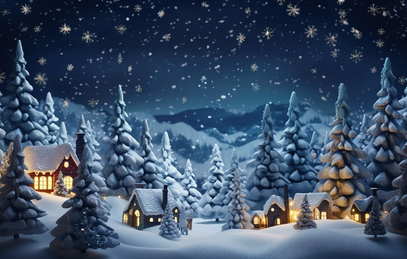 Wallpaper winter, snow, night, lights, tree, New Year, village ...