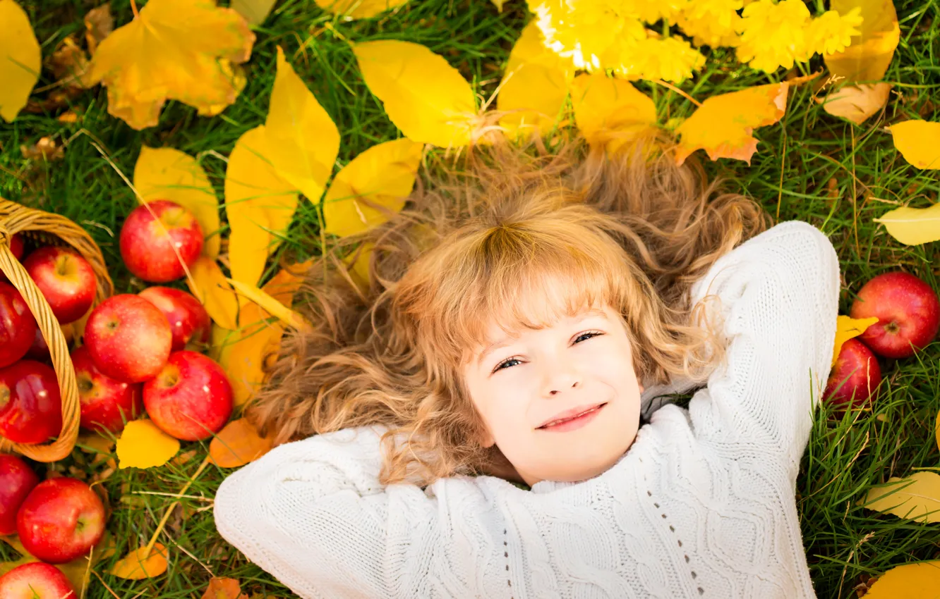 Photo wallpaper autumn, leaves, apples, child, autumn, child, apples