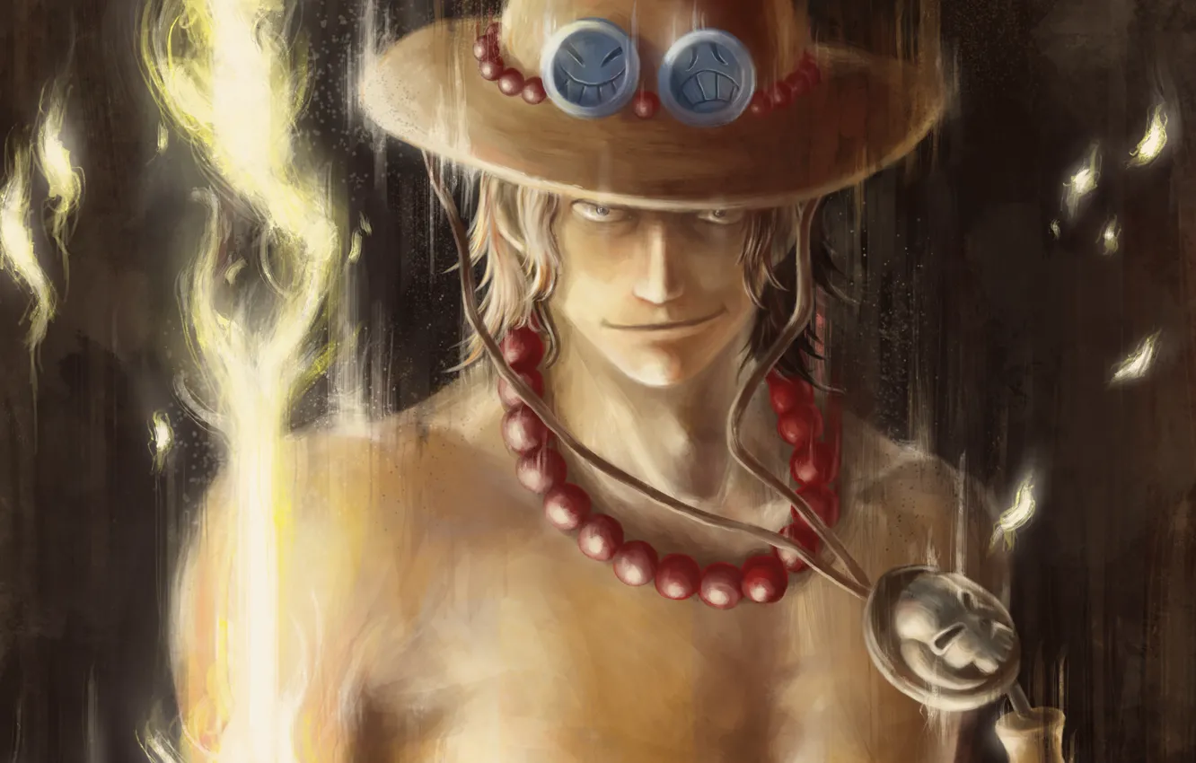 Photo wallpaper fire, hat, art, beads, guy, One Piece, emoticons, Portgas D. Ace