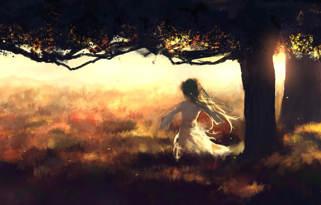 Photo wallpaper girl, sunset, nature, tree, anime, art, sombernight