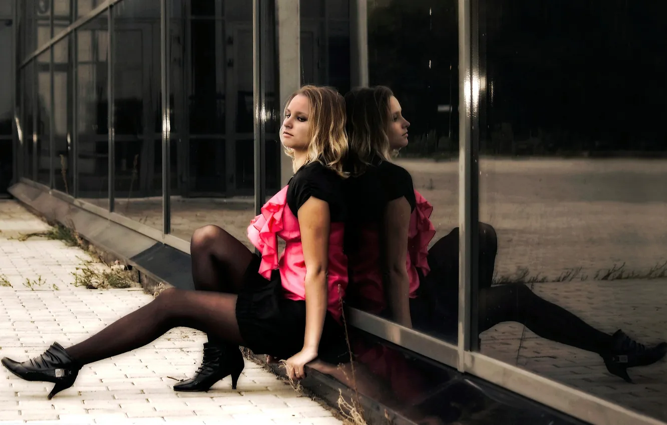 Photo wallpaper glass, reflection, stockings, dress, window, blonde, shoes