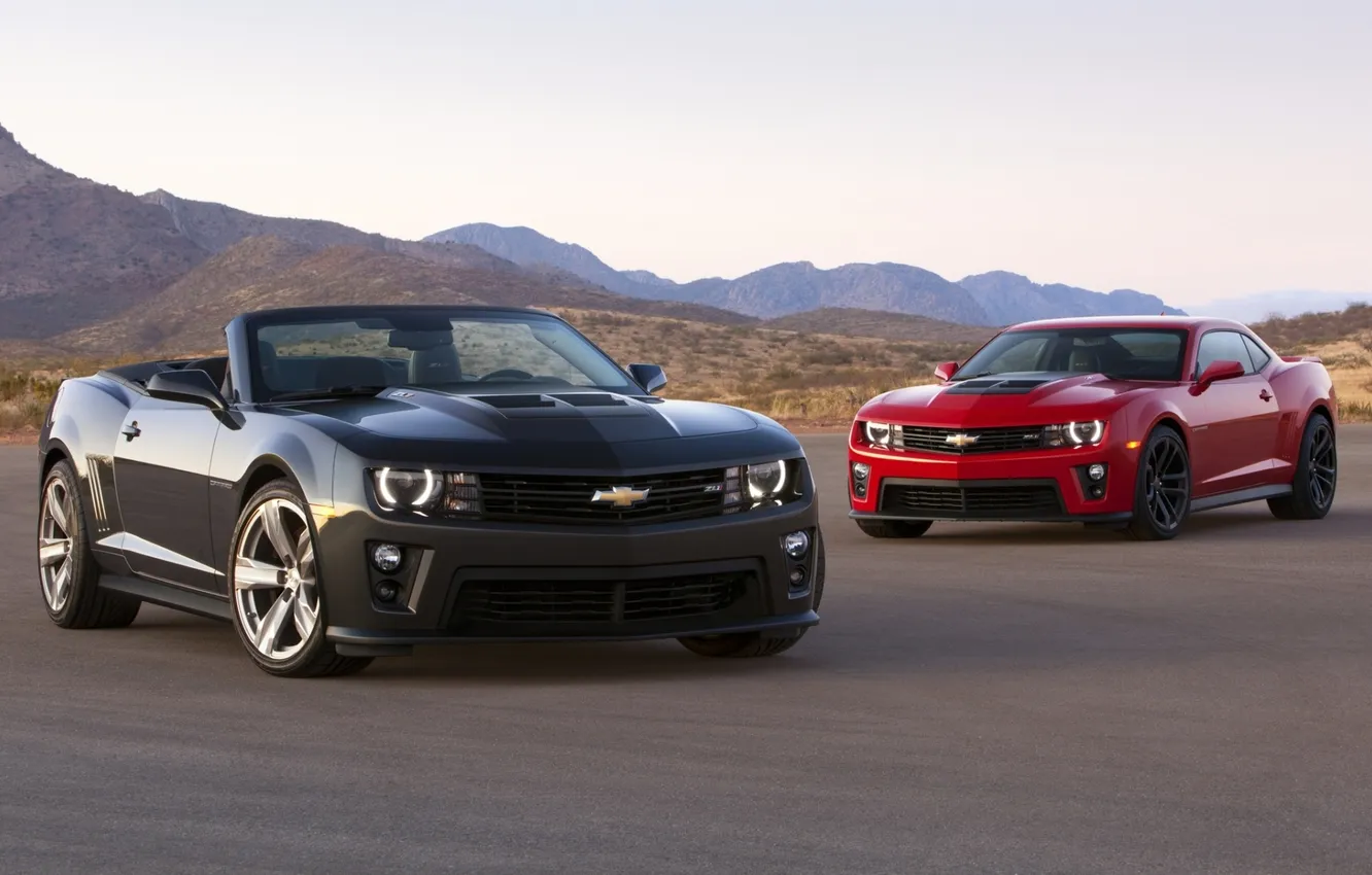 Photo wallpaper the sky, mountains, red, black, coupe, convertible, Chevrolet, muscle car