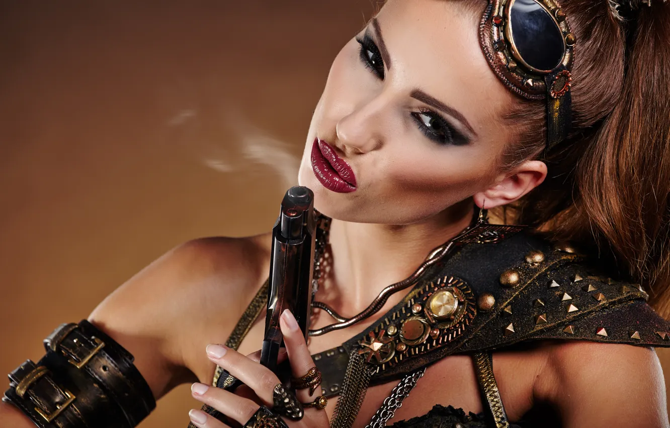 Photo wallpaper girl, earrings, glasses, chain, gloves, bracelet, pistalet