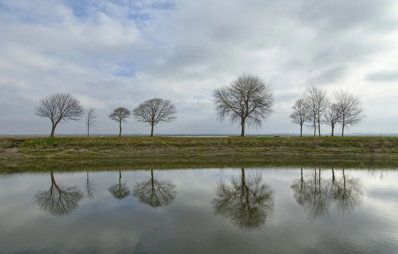 Photo wallpaper autumn, the sky, clouds, trees, lake, pond, reflection