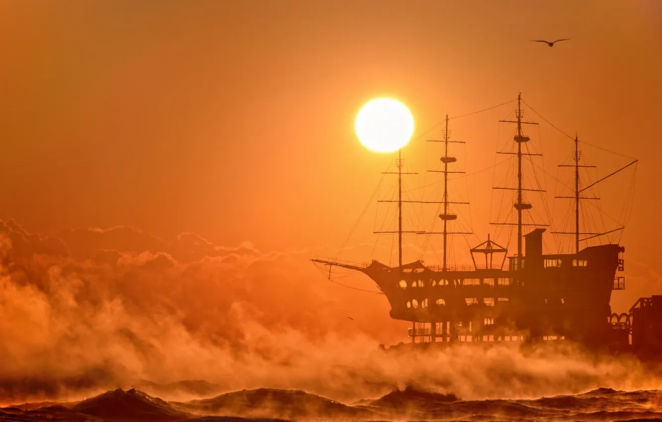 Photo wallpaper sea, sunset, ship, III