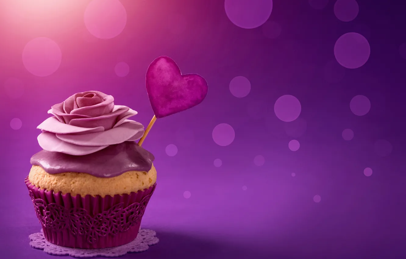 Photo wallpaper glare, background, heart, Valentine's day, cream, cupcake, rosette, cupcake