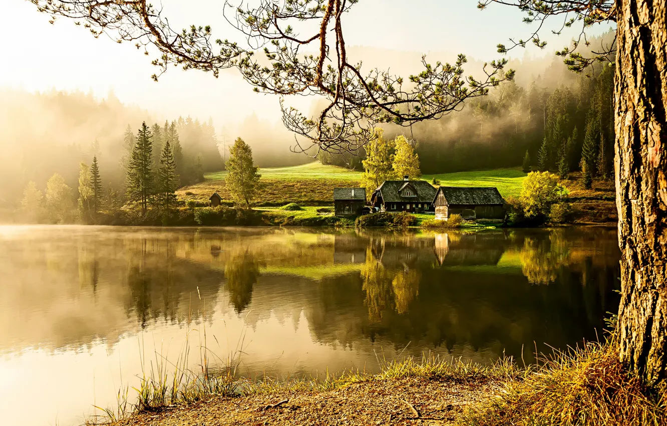 Photo wallpaper lake, home, morning, village