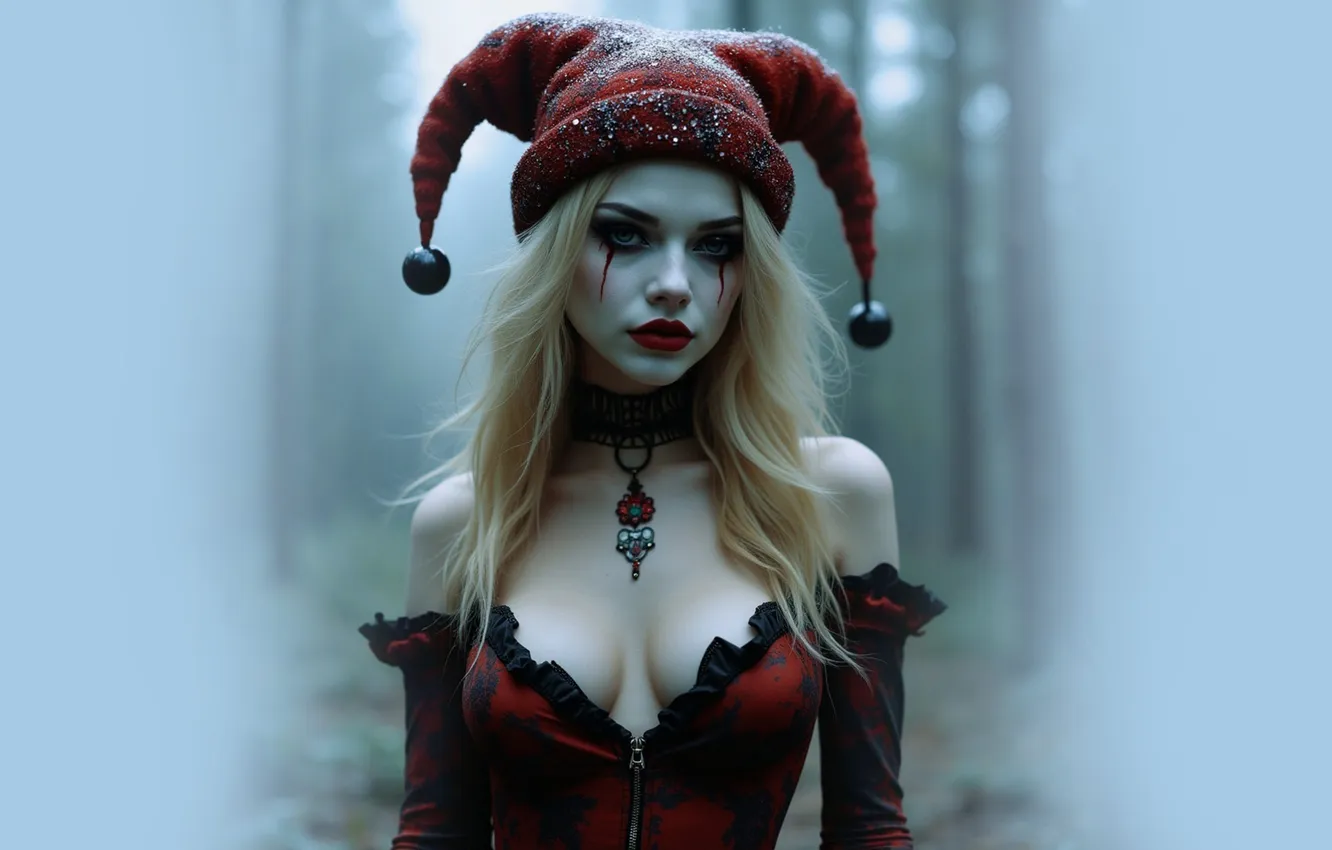 Photo wallpaper girl, hat, blonde, jester, Bells, Neuroart, AI ART, neural network