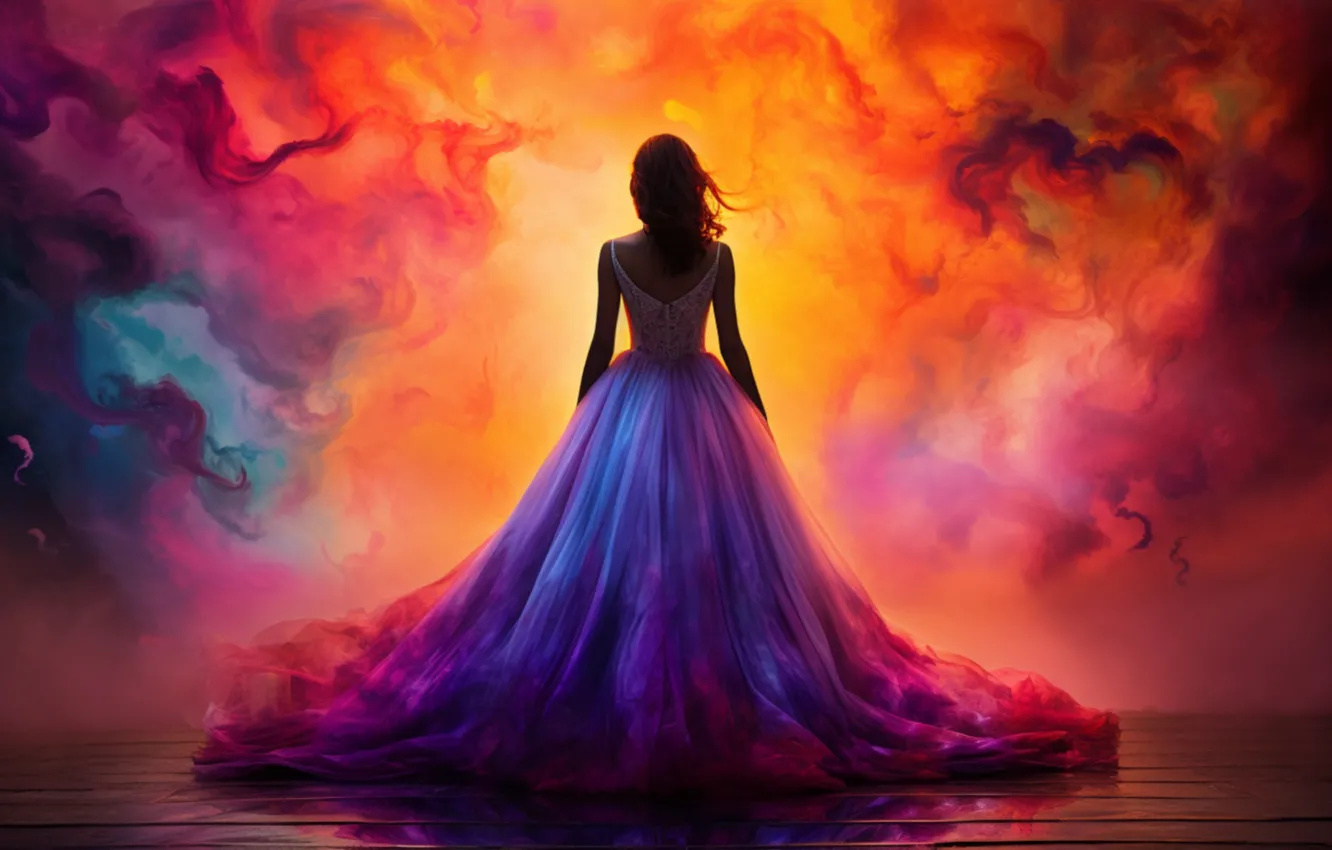 Photo wallpaper AI art, romance, heat, lights, smoke, girl, lilac dress, swirls