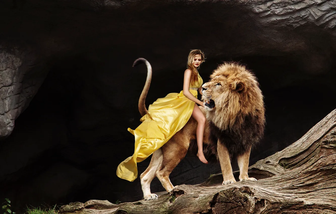 Photo wallpaper girl, trees, yellow, pose, the dark background, each, rocks, feet