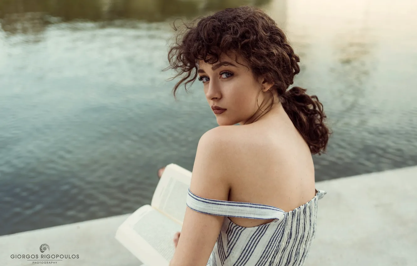 Photo wallpaper look, river, model, makeup, dress, hairstyle, book, brown hair