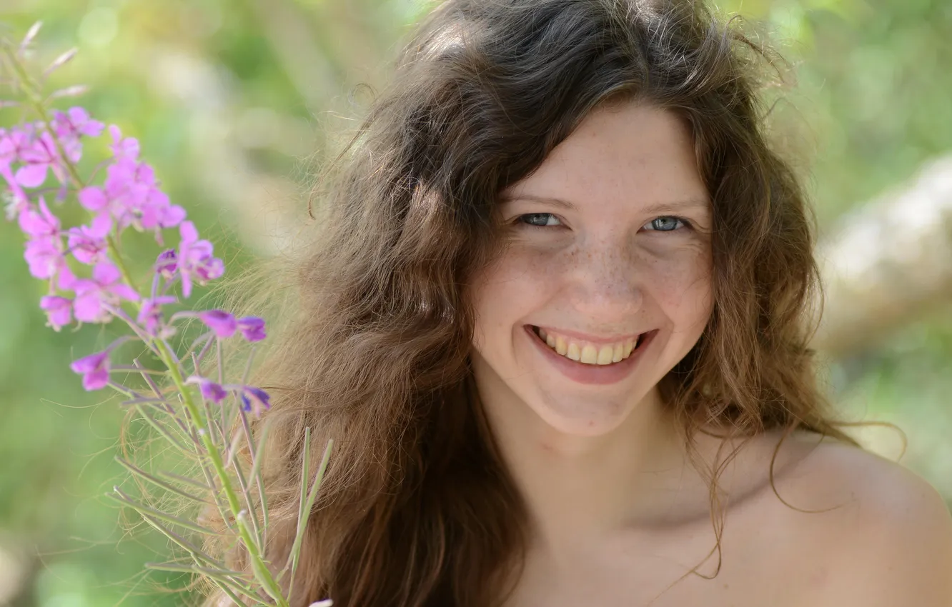 Photo wallpaper girl, long hair, smile, blue eyes, flowers, beautiful, pretty, lips