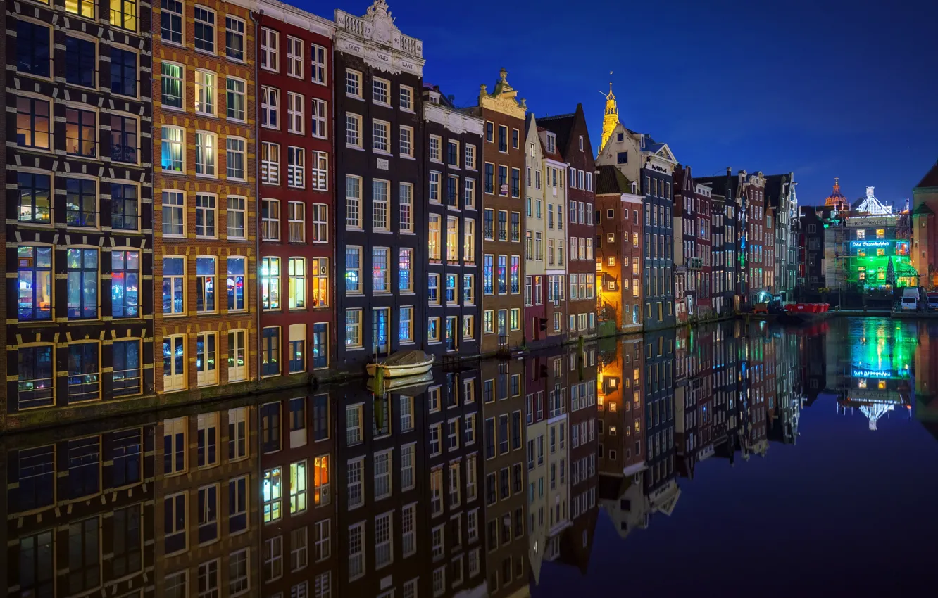 Photo wallpaper night, the city, lights, Amsterdam, channel, Netherlands