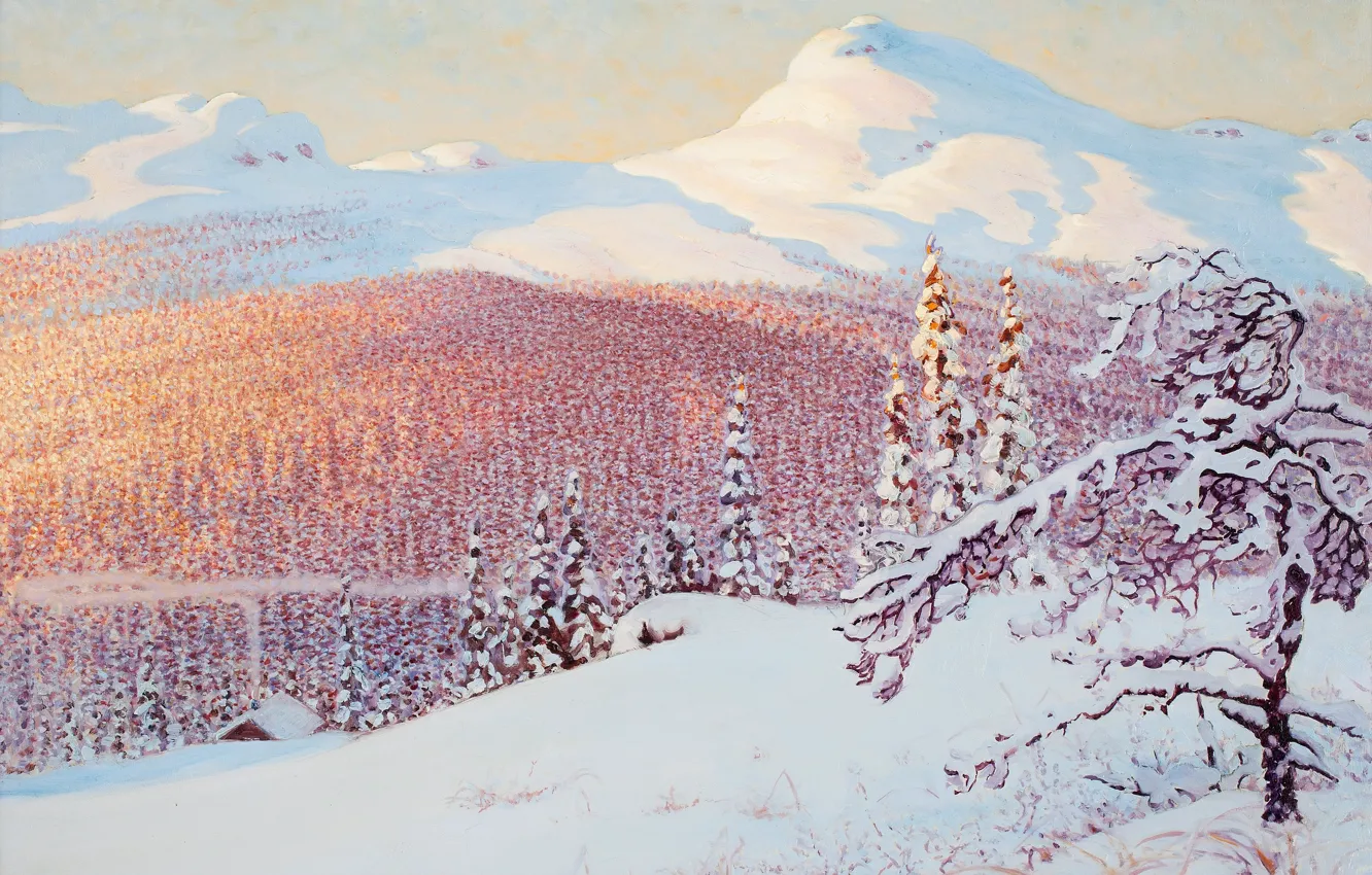 Photo wallpaper winter, Gustaf Fjaestad, snow. mountains
