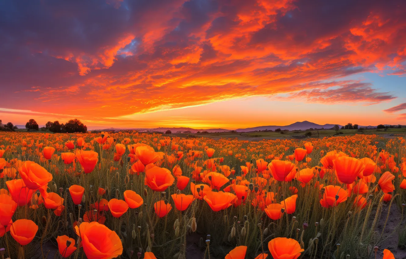 Photo wallpaper field, summer, clouds, sunset, flowers, orange, red, clouds