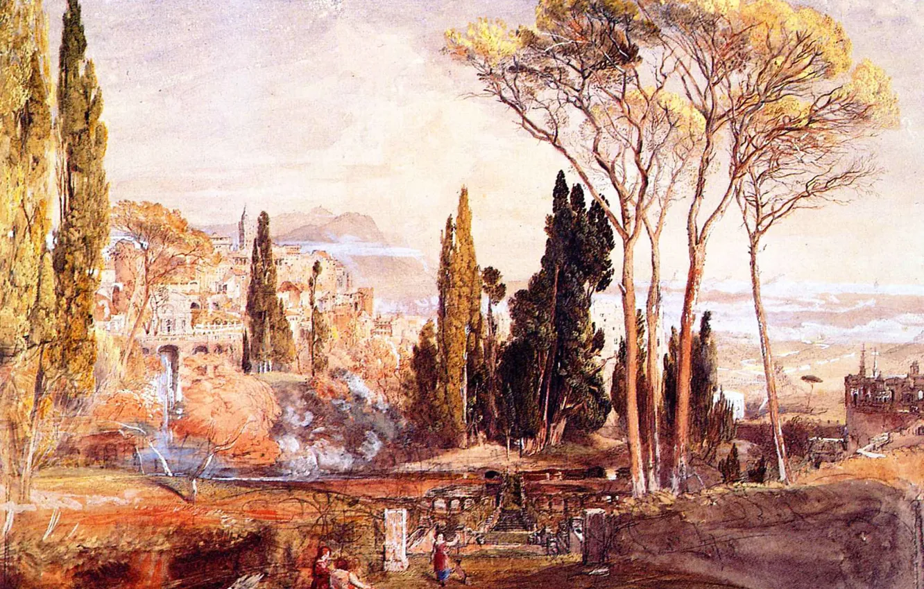 Photo wallpaper the sky, mountains, shore, picture, yard, Italy, village, cypress