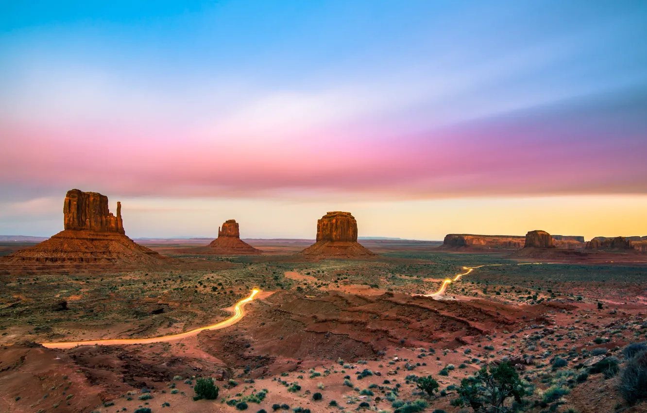 Photo wallpaper road, the sky, clouds, mountains, rocks, blue, desert, view