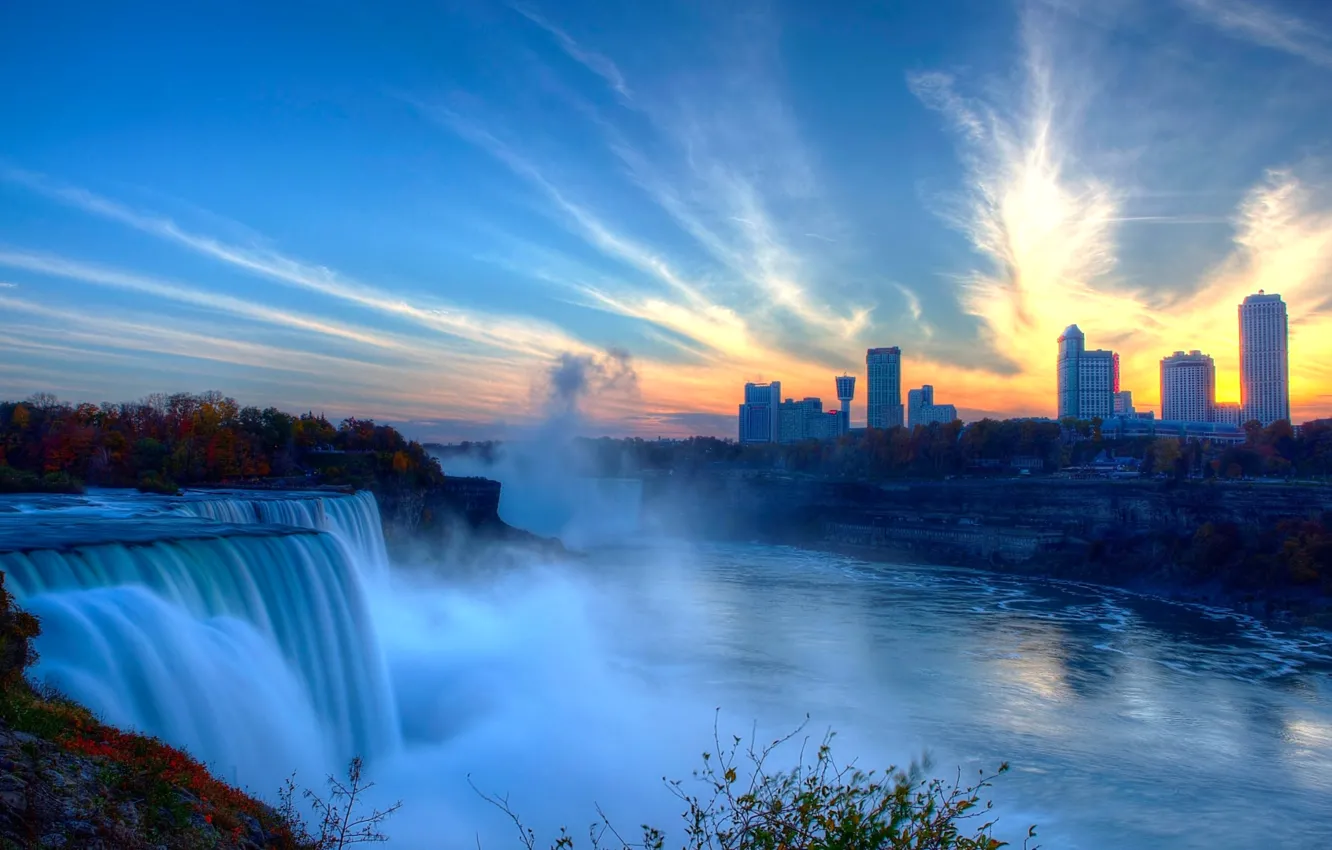 Photo wallpaper the sky, sunset, squirt, river, home, Niagara falls