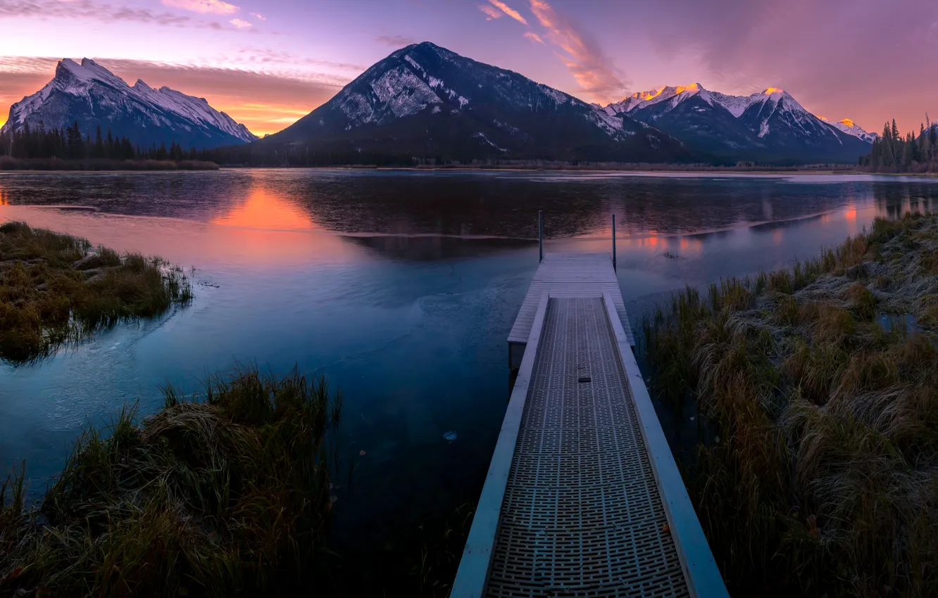 Photo wallpaper the sky, grass, mountains, lake, reflection, shore, the slopes, the evening