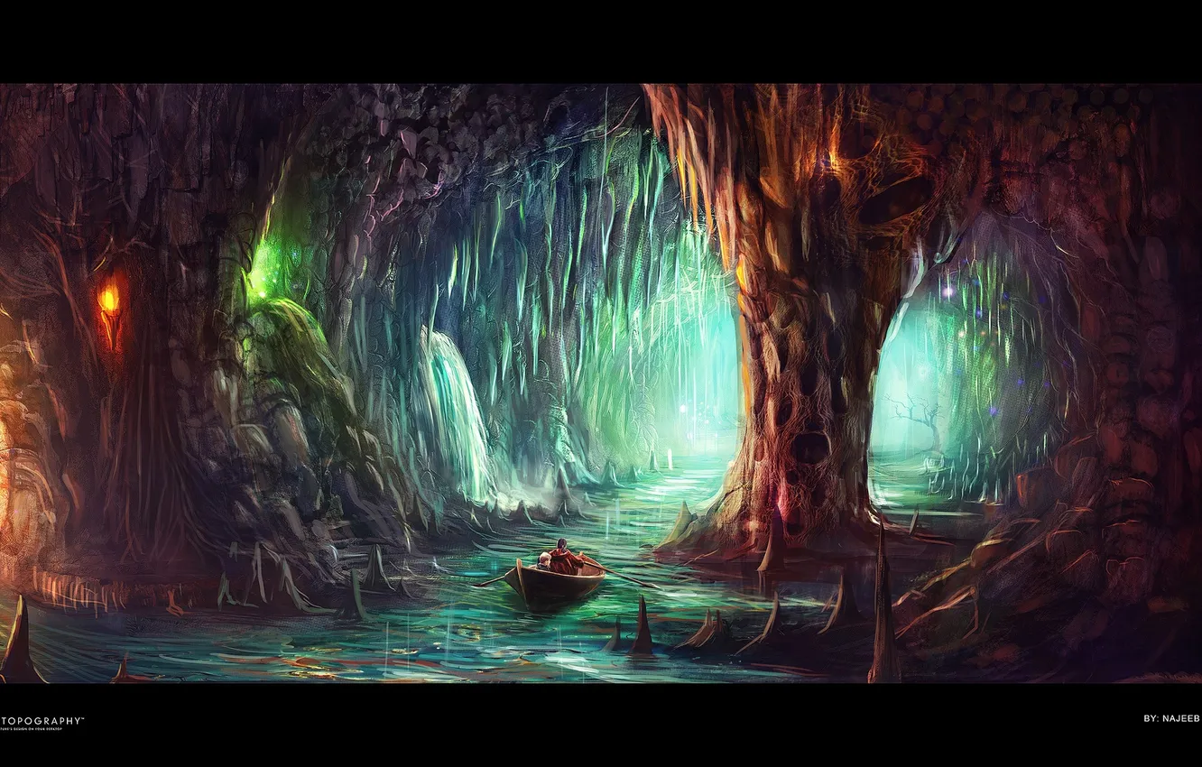 Photo wallpaper lights, river, boat, cave, desktopography, stalactites