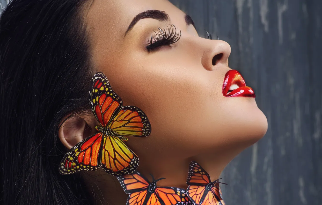 Photo wallpaper girl, eyelashes, butterfly, makeup, lips, profile