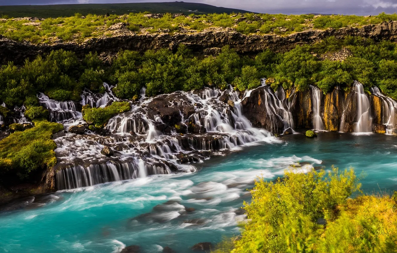 Photo wallpaper river, waterfall, cascade, Iceland, Iceland, Hraunfossar, Hraunfossar, Hallmundarhraun