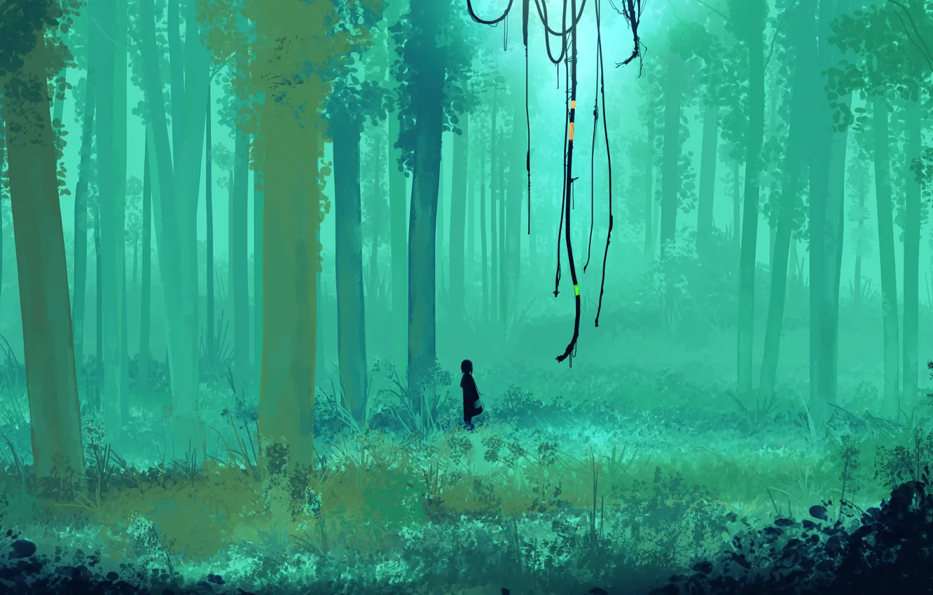 Photo wallpaper forest, wire, girl