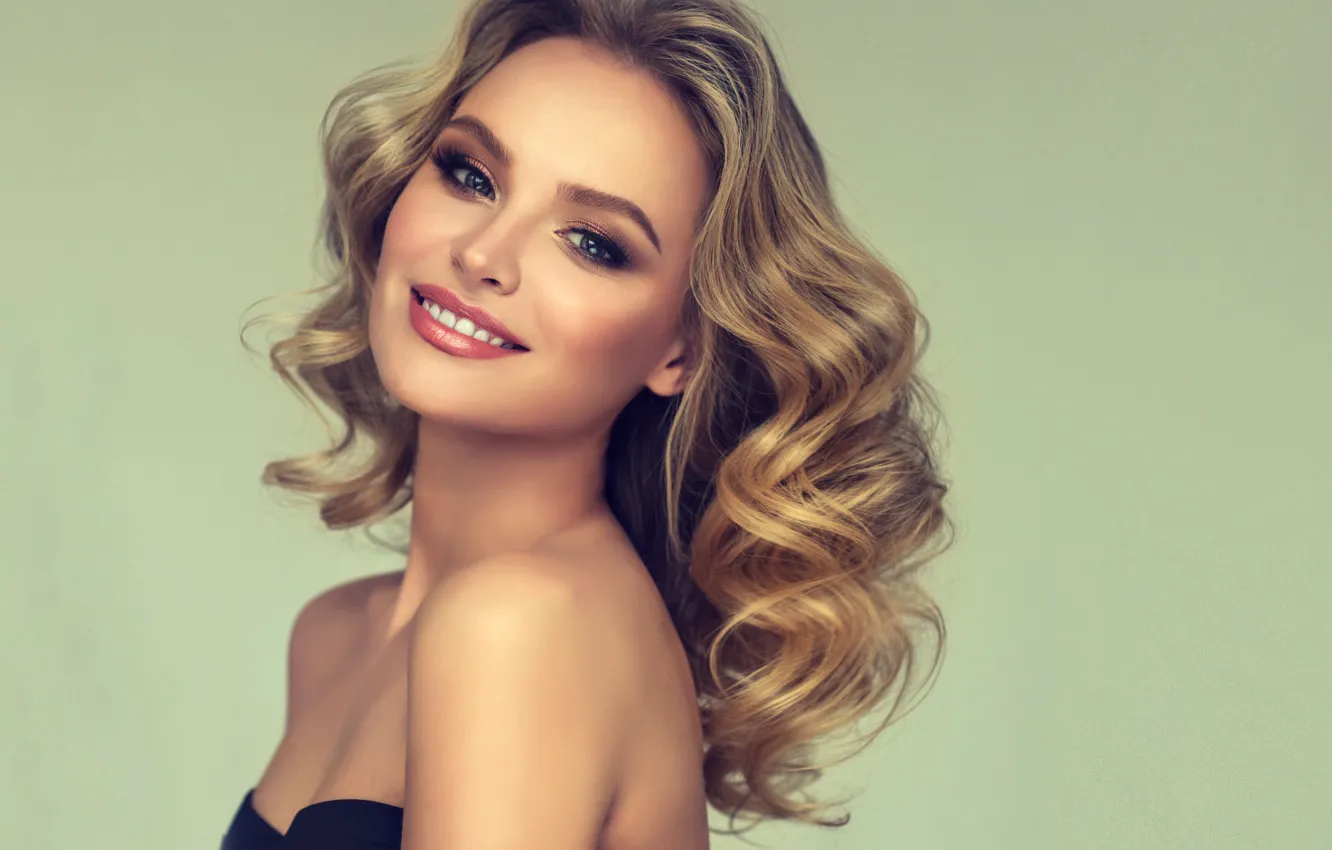 Photo wallpaper girl, face, smile, makeup, curls, model, edwardderule