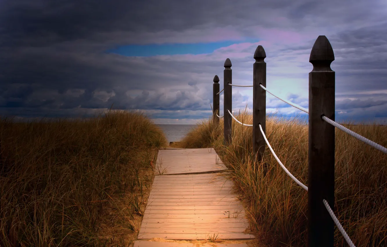 Photo wallpaper grass, beach, sea, ocean, clouds, way, sand, pathway