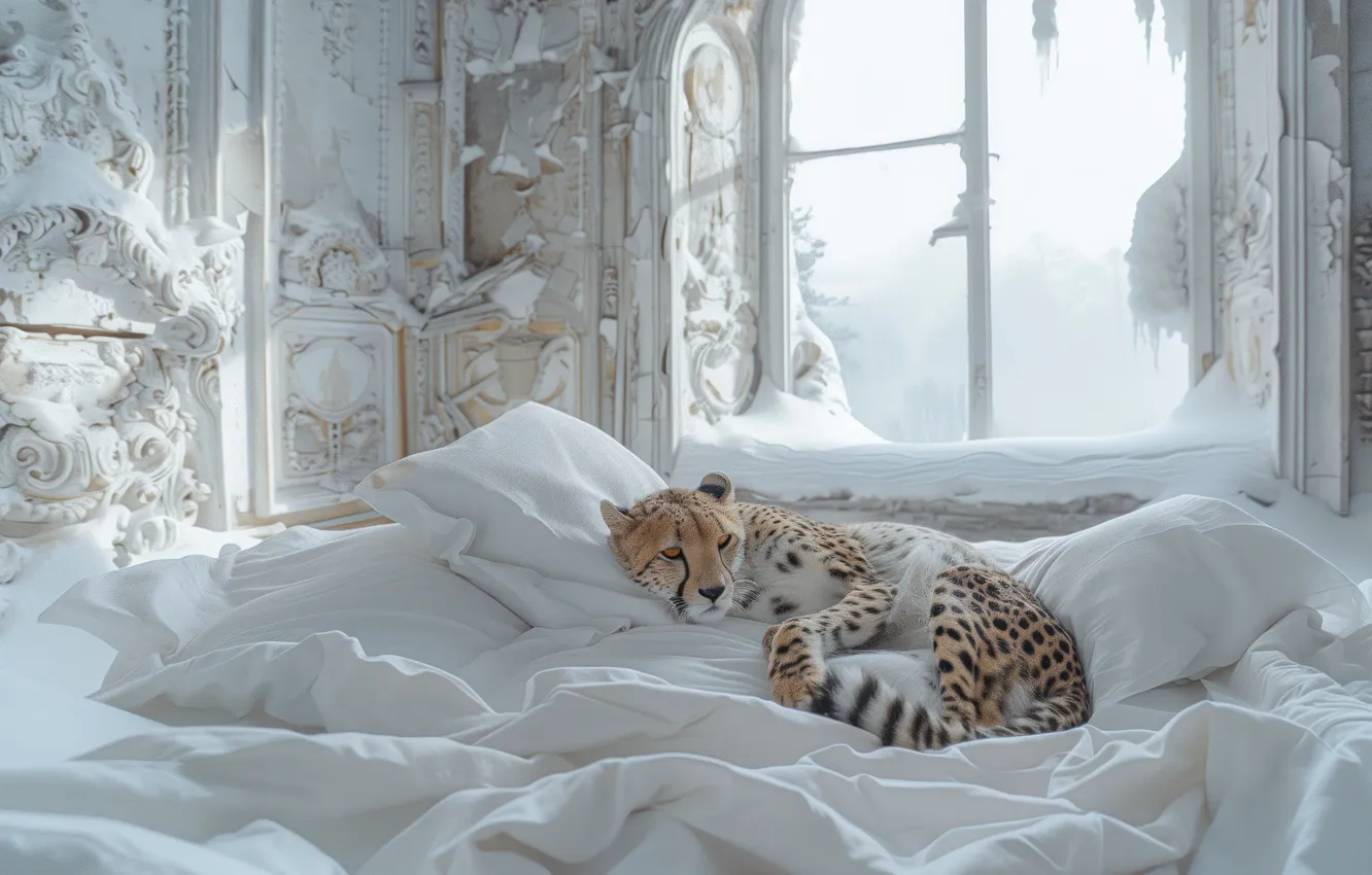 Photo wallpaper snow, Cheetah, bed, devastation, wild cat, neural network