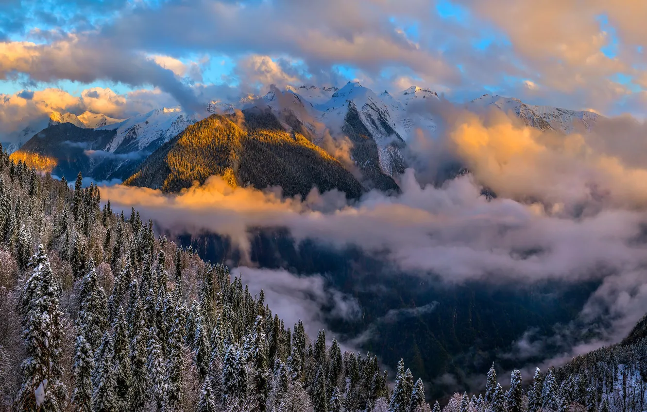 Photo wallpaper winter, the sky, clouds, light, snow, mountains, forest
