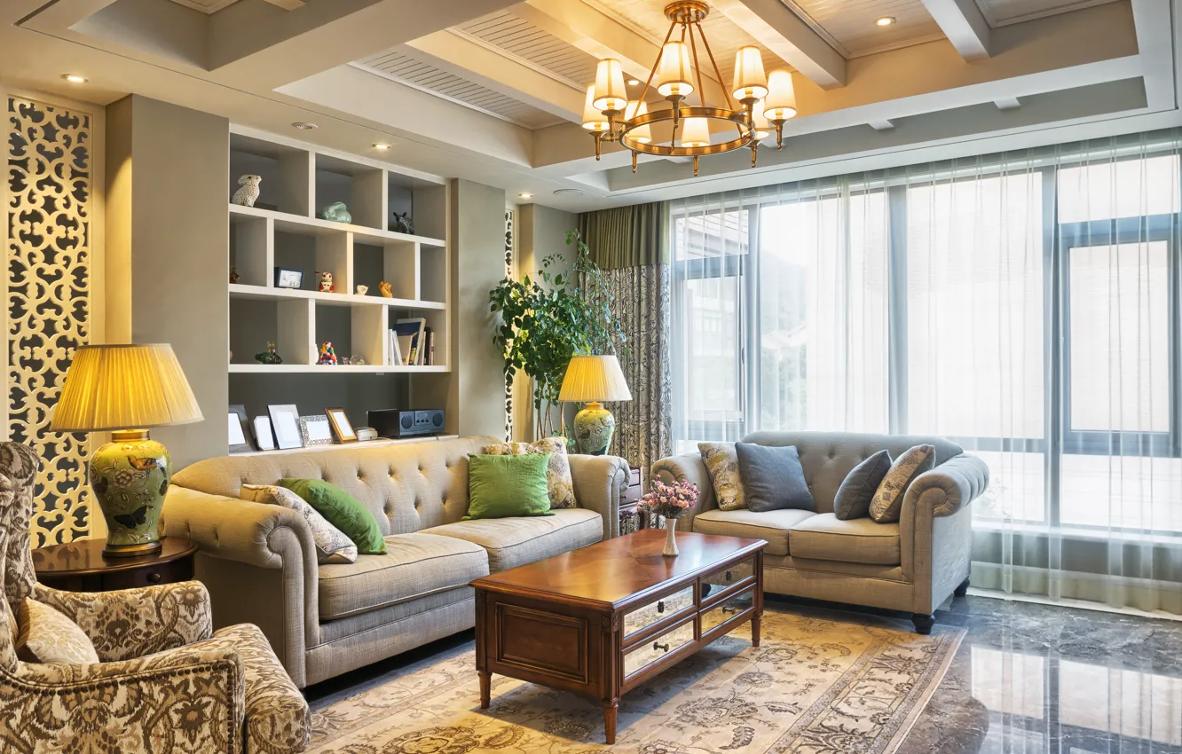 Photo wallpaper room, sofa, furniture, chair, chandelier, living room