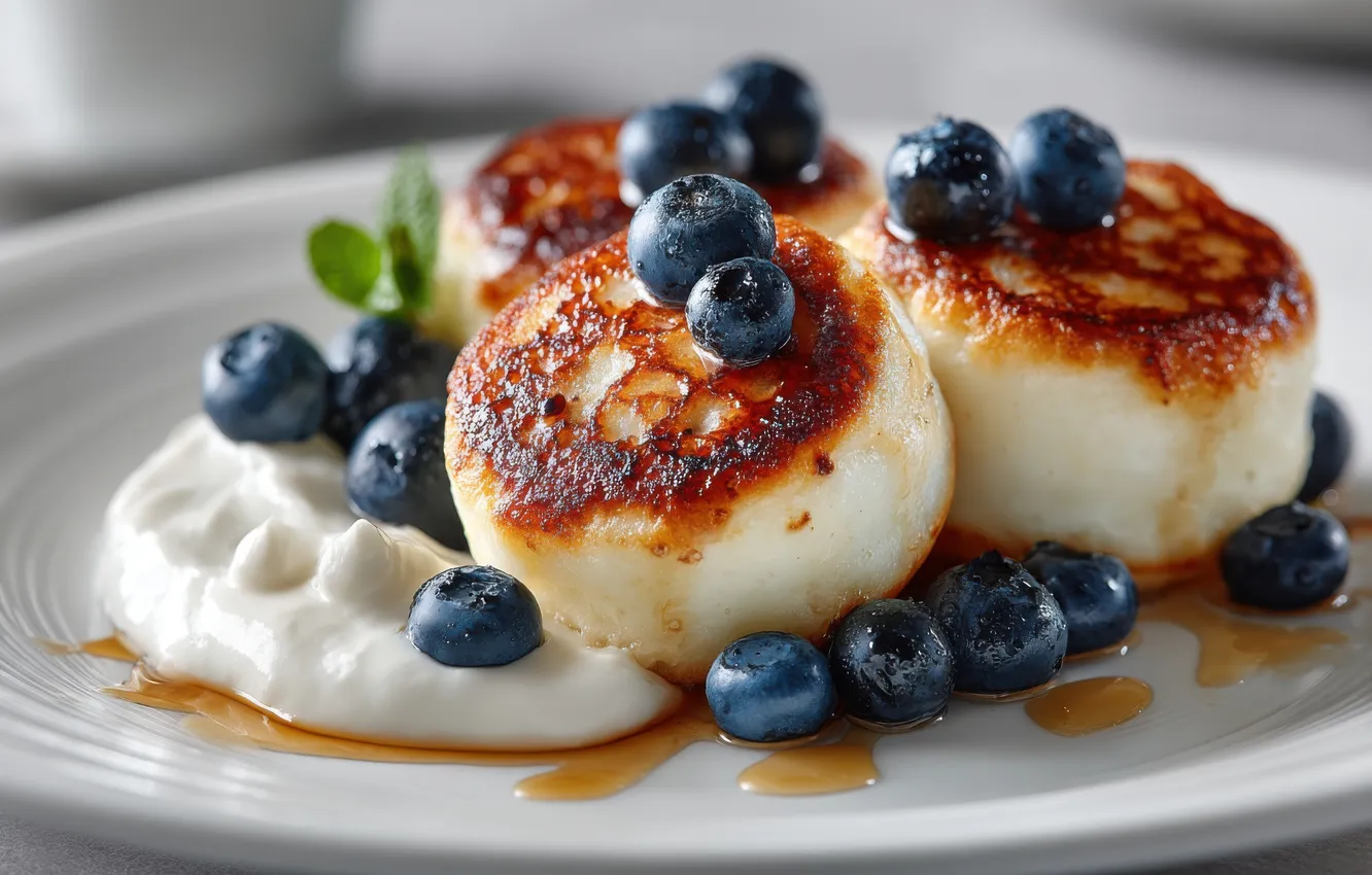 Photo wallpaper berries, food, blueberries, plate, syrup, submission, sour cream, pancakes