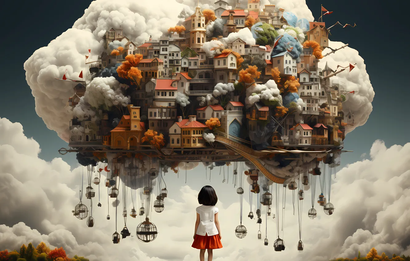 Photo wallpaper clouds, flight, the city, height, home, fantasy, girl, flying