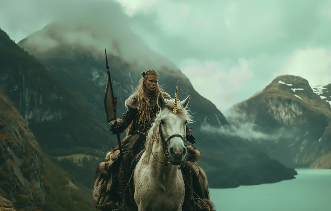 Photo wallpaper girl, clouds, mountains, nature, fog, rocks, horse, woman