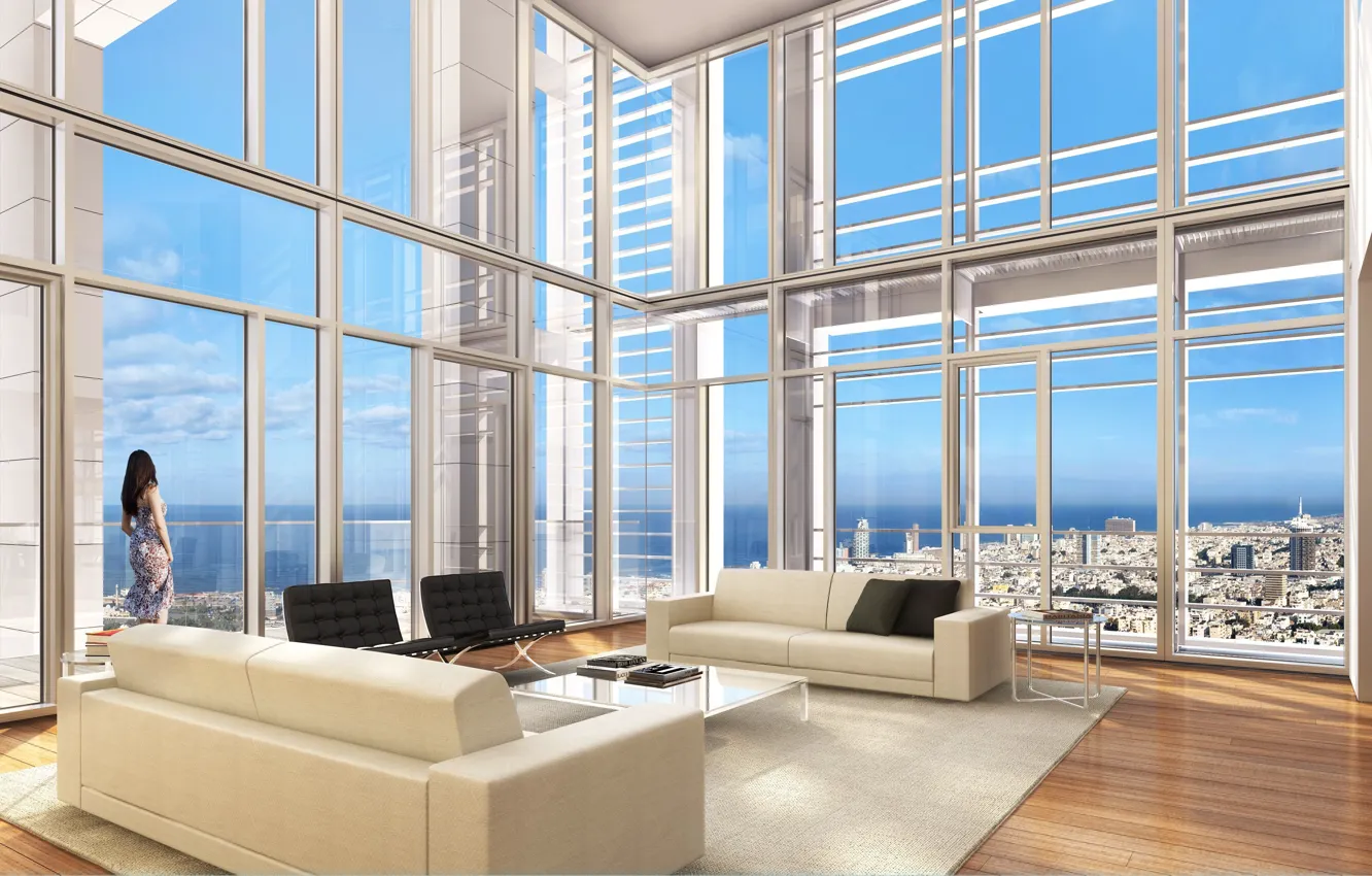 Photo wallpaper the city, room, interior, penthouse, megapolis, living room