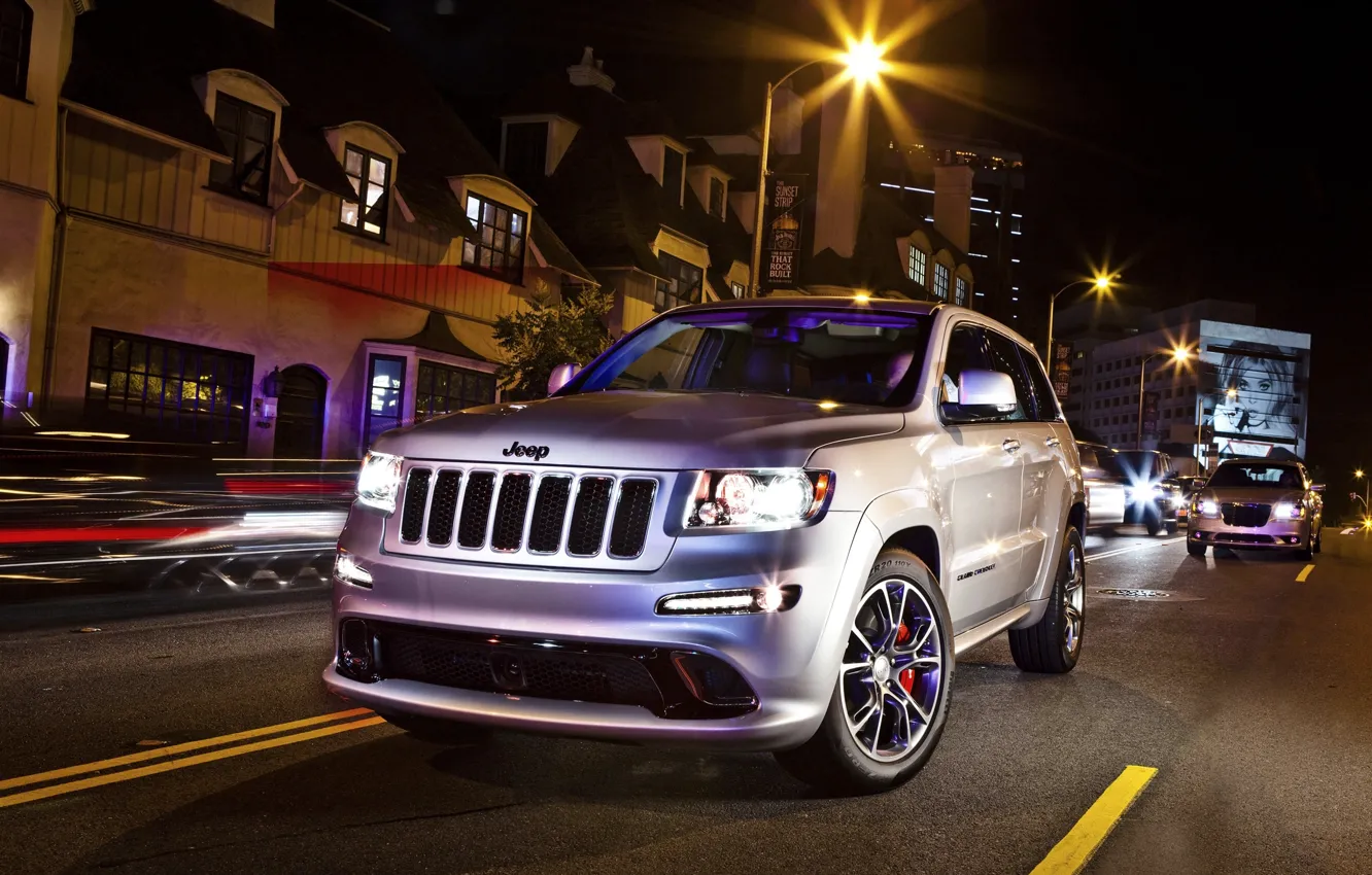 Photo wallpaper Black, Night, The city, Machine, SRT8, cherokee, Jeep, The front