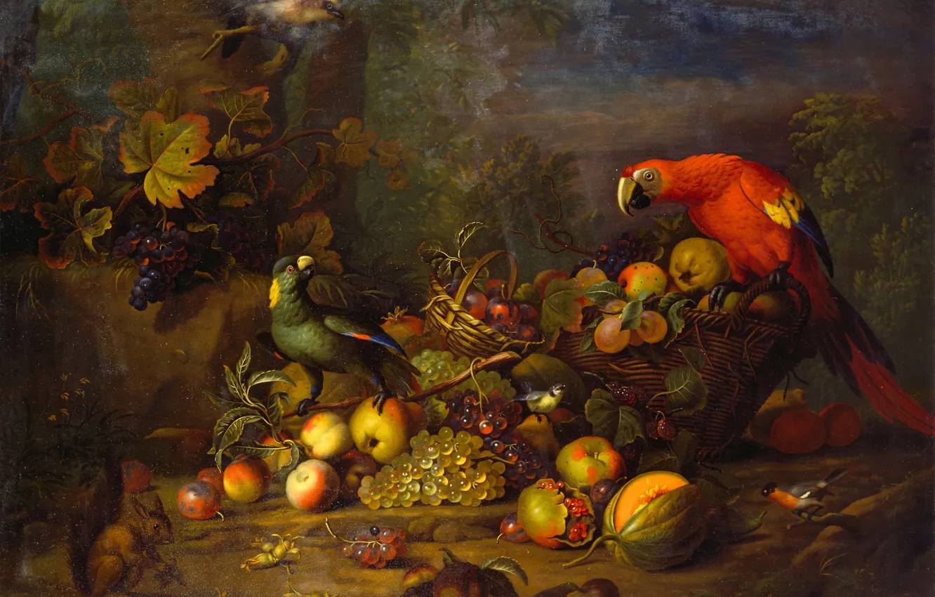 Photo wallpaper leaves, nature, bird, apples, picture, protein, fruit, parrot