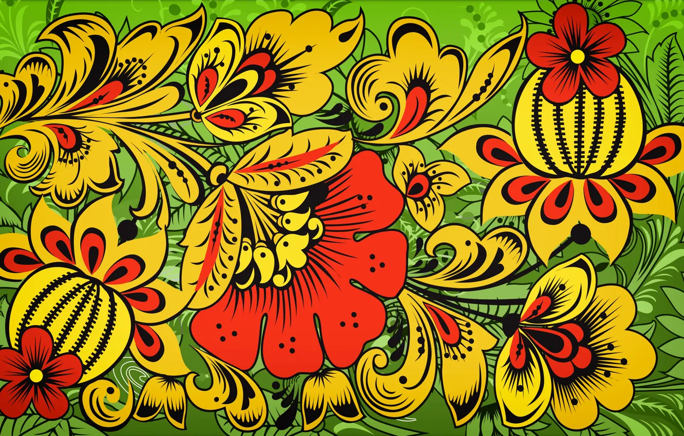 Photo wallpaper Flowers, Pattern, Style, Background, Painting, Art, Khokhloma, Khokhloma painting