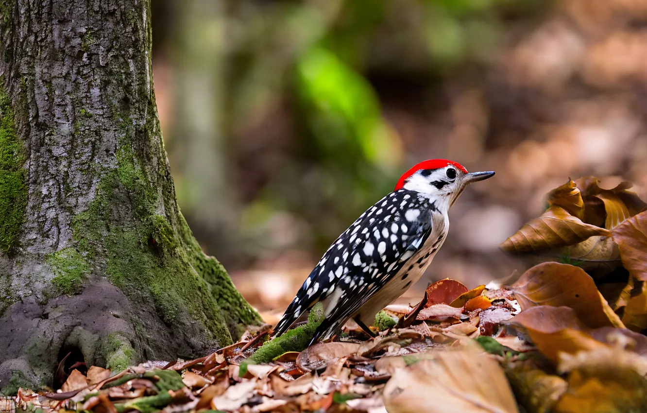 Photo wallpaper leaves, tree, bird, woodpecker