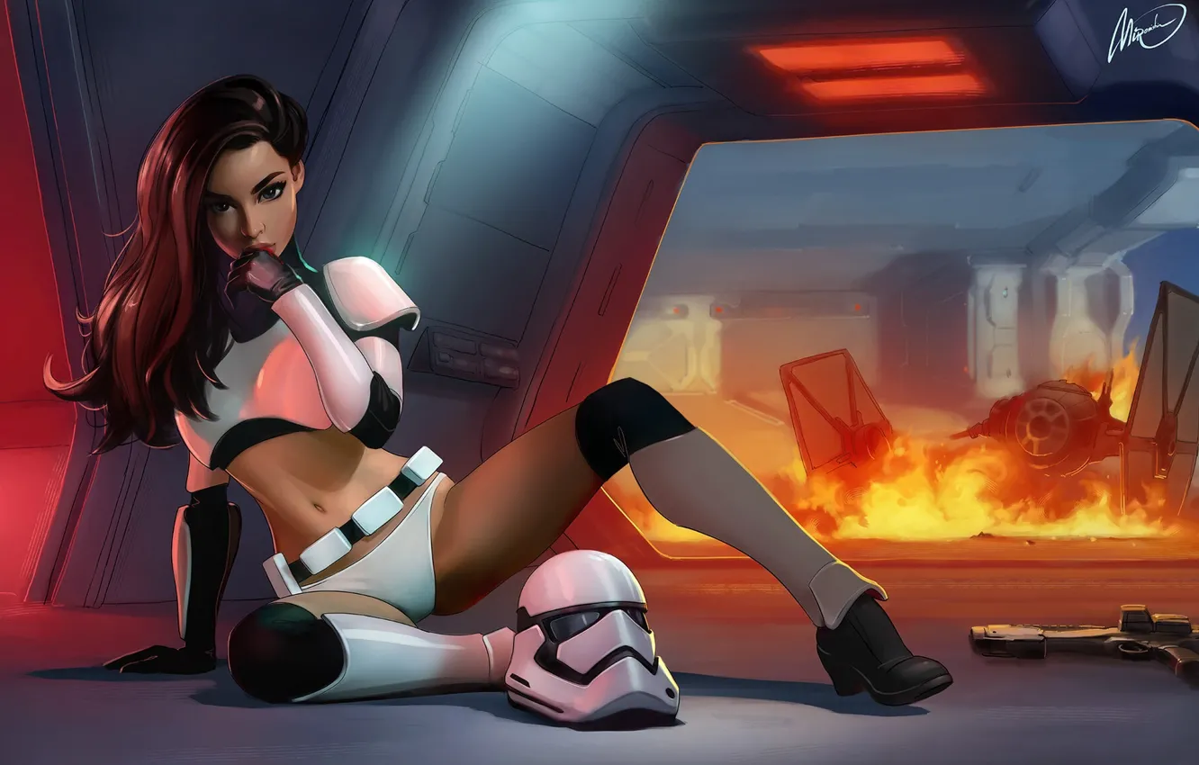 Photo wallpaper Star Wars, fire, panties, armor, drawing, dark hair, Stormtrooper, TIE Fighter