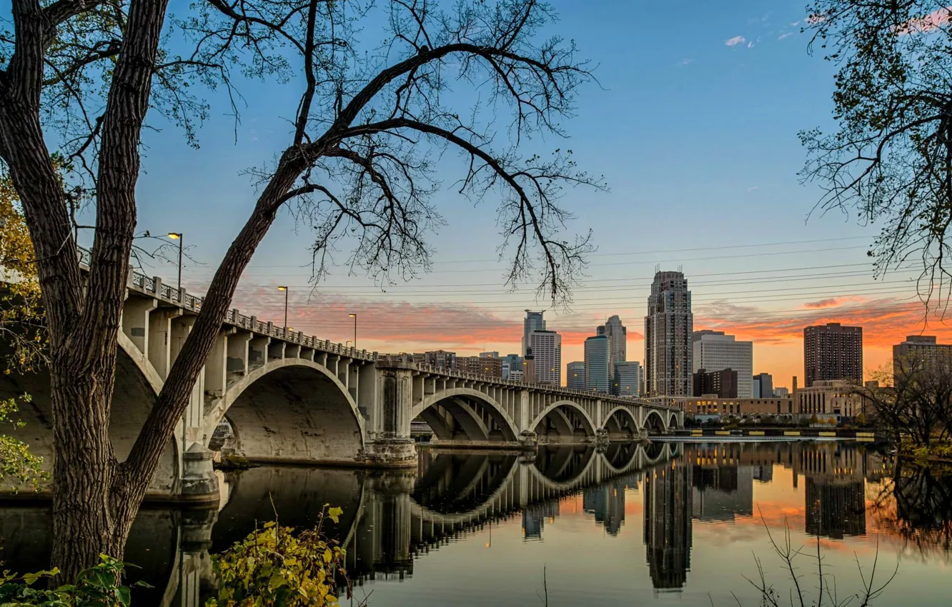 Photo wallpaper the sky, clouds, trees, bridge, river, home, the evening