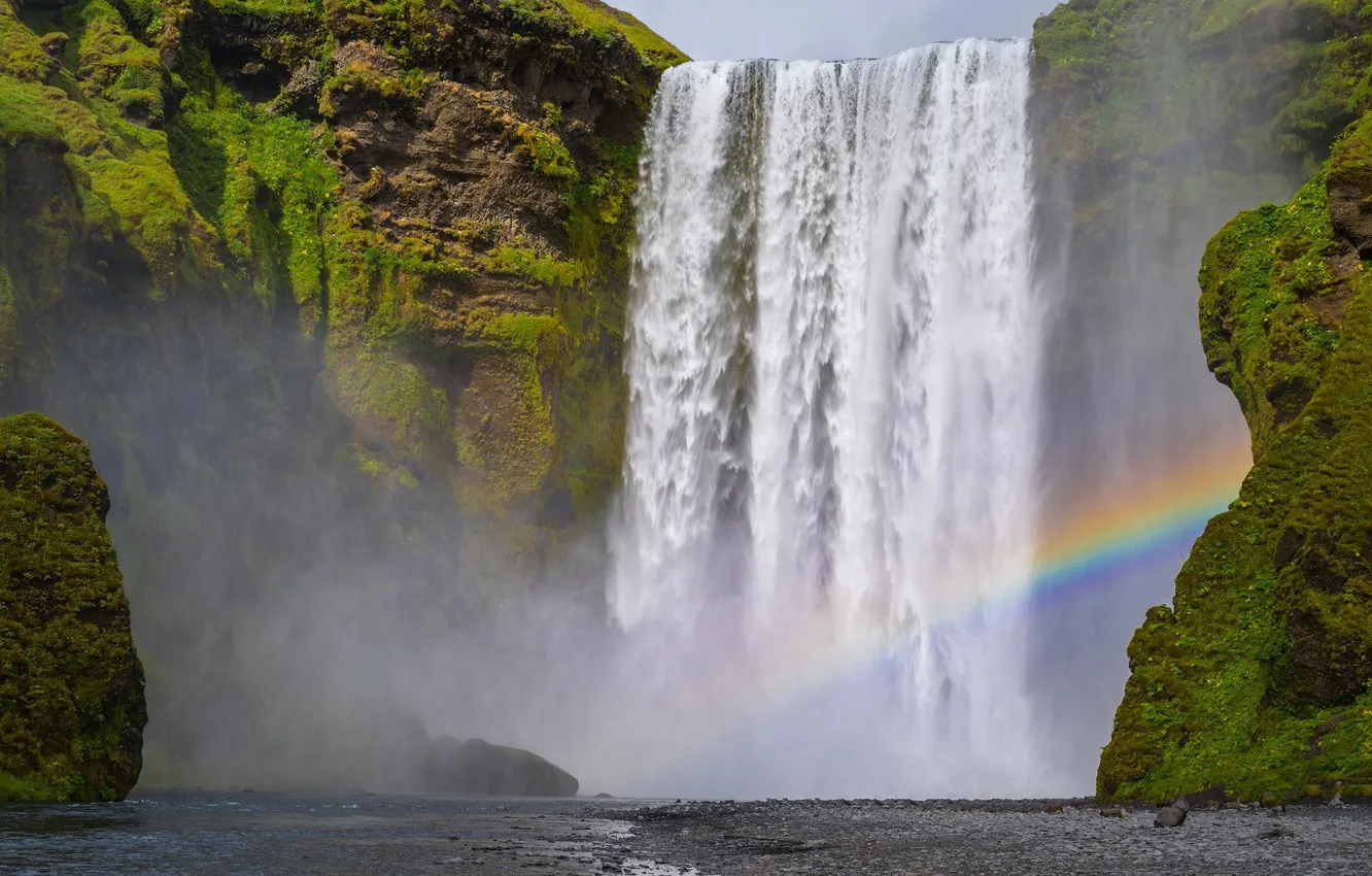Photo wallpaper nature, rocks, shore, waterfall, rainbow, stream