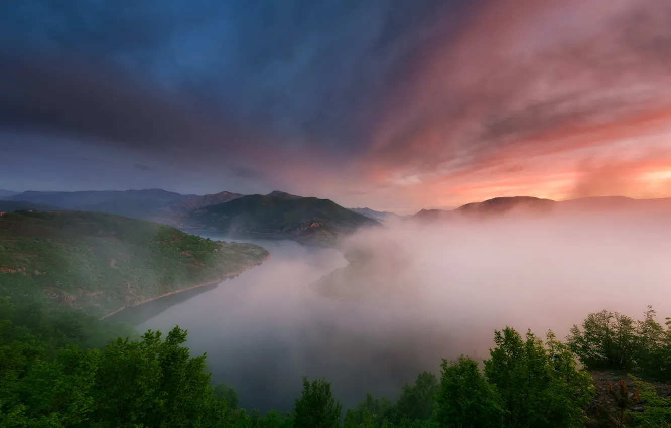 Photo wallpaper light, mountains, nature, fog, river, the evening, morning
