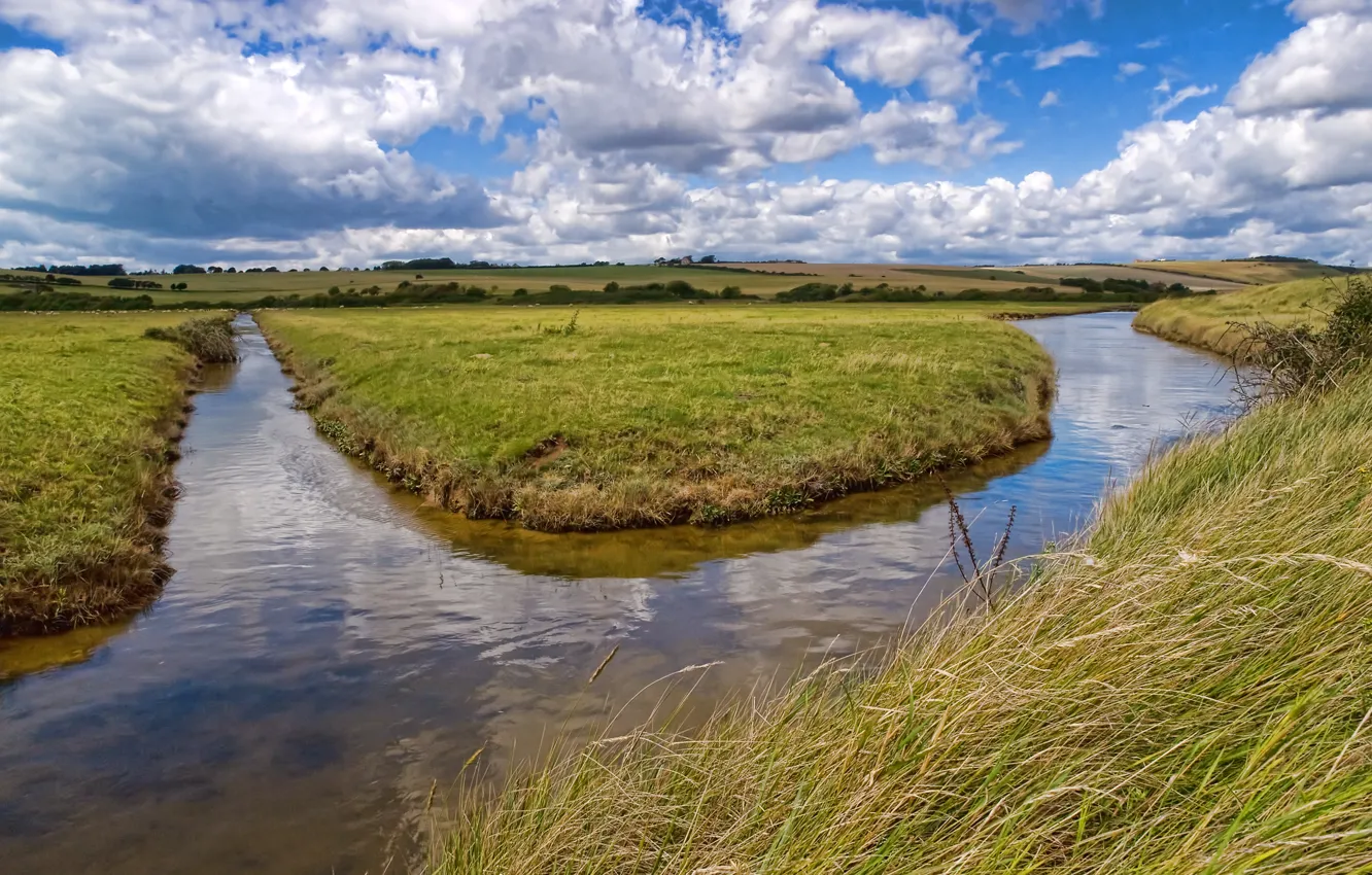 Photo wallpaper grass, water, clouds, river, channel