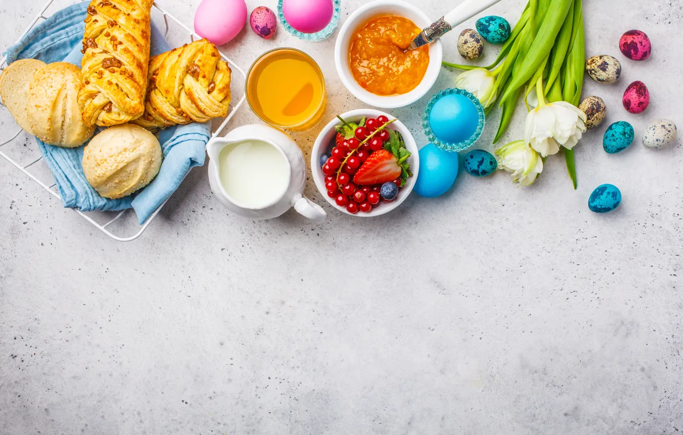 Photo wallpaper flowers, berries, eggs, Breakfast, Easter, tulips, white, flowers