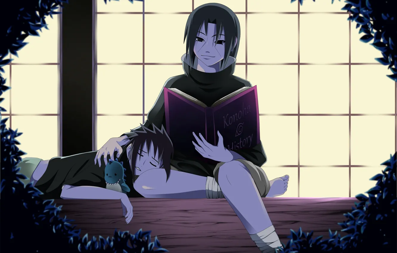 Photo wallpaper foliage, dragon, toy, book, brothers, Sasuke, Naruto, art