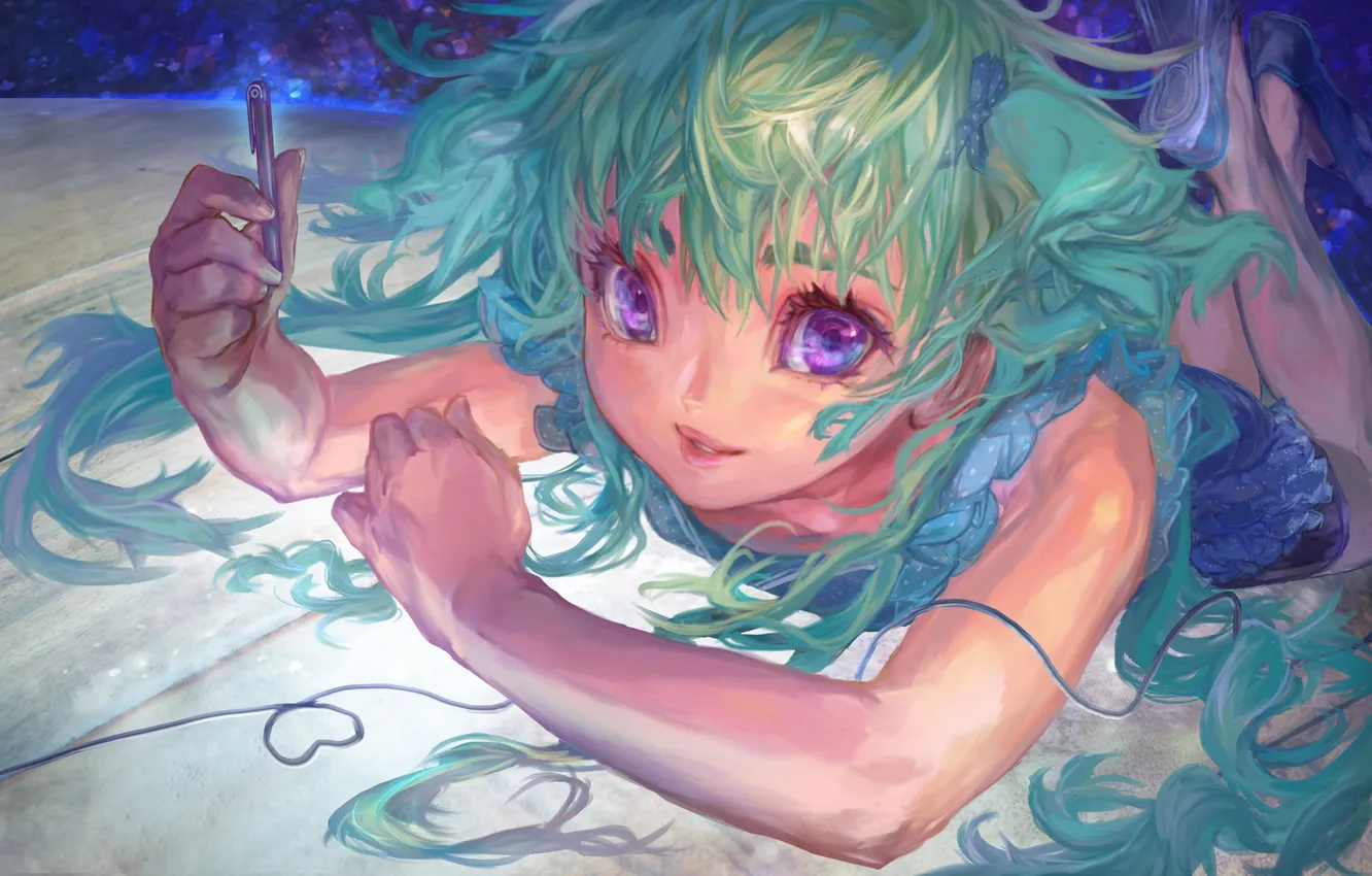 Photo wallpaper eyes, look, face, smile, hair, anime, hands, art